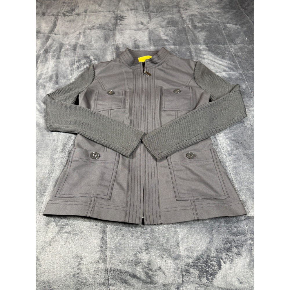 St. John Sport Women Charcoal Gray Mixed Media Ribbed Sleeve Utility Jacket Sz 2